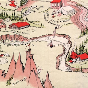 1938 Mt Shasta Cartoon Landkarte Print / Bildhafte Mount Shasta Region Chico State Summer School