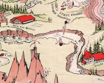 1938 Mt Shasta Cartoon Map Print / Pictorial Mount Shasta Area Chico State Summer School