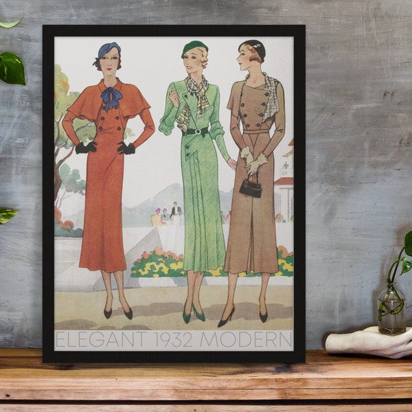 1932 Women's Fashion Poster / Red Green Retro Vintage Haute Couture Decor