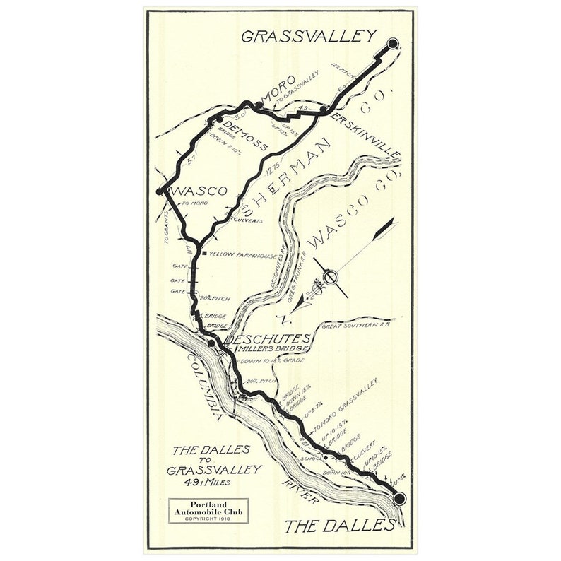 1910 the Dalles to Grass Valley Road Map Print / Retro Oregon Highways ...