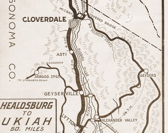 Healdsburg to Ukiah 1918 California Road Map Poster Print / Historical Vintage Highway 101