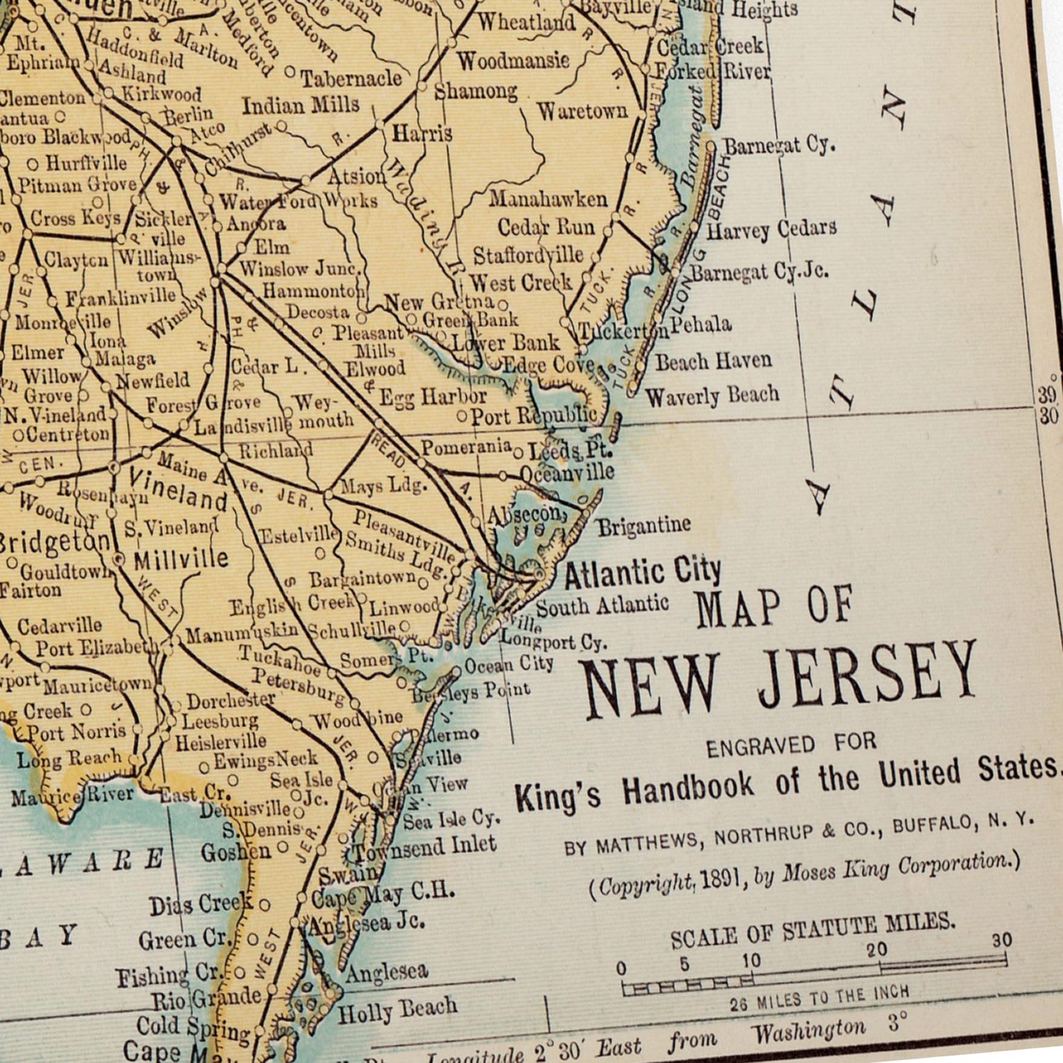 Map of 1891 New Jersey / New Poster Print Wall Art 12x18 20x30 24x36