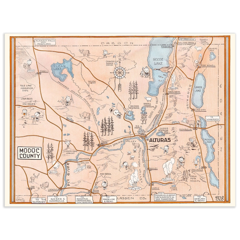 1928 Modoc County Cartoon Map - California Topographic Print Poster ...