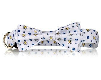 Floral Bow Tie Dog Collar, White and Blue, Adjustable