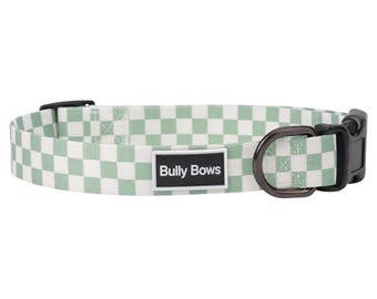 Green Checker Dog Collar - Classic Puppy Collar - Strong Adjustable Durable Accessory - Checkers