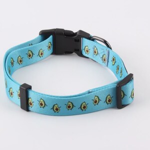 May include: A blue dog collar with a pattern of cartoon avocados. The collar has a black plastic buckle and a black metal D-ring.