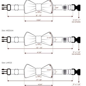 Może przedstawiać: Diagram przedstawiający trzy rozmiary muszek dla ps&oacute;w, z wymiarami w calach. Muszki są pokazane w linii, z najmniejszą na g&oacute;rze i największą na dole. Każda muszka jest przymocowana do obroży z klamrą.