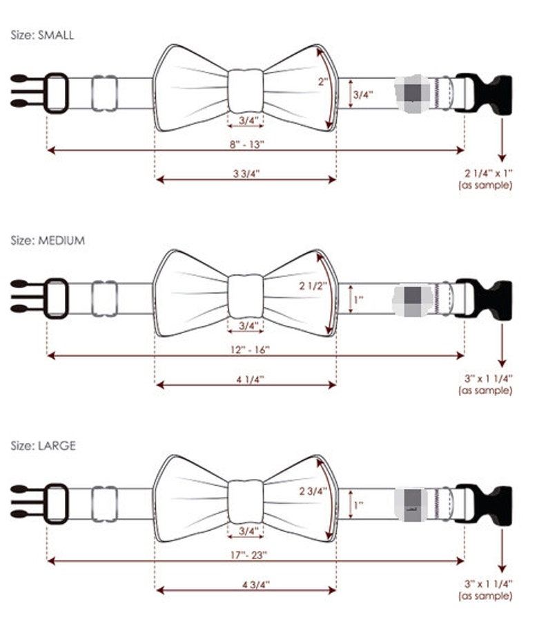 Może przedstawiać: Diagram przedstawiający trzy rozmiary muszek dla ps&oacute;w, z wymiarami w calach. Muszki są pokazane w linii, z najmniejszą na g&oacute;rze i największą na dole. Każda muszka jest przymocowana do obroży z klamrą.