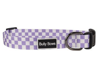 Purple Checkerboard Dog Collar - Retro Check, Adjustable Pet Collar