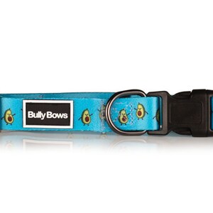 May include: A blue dog collar with a black buckle and a silver ring. The collar has a white label that says "Bully Bows" and a pattern of cartoon avocados.