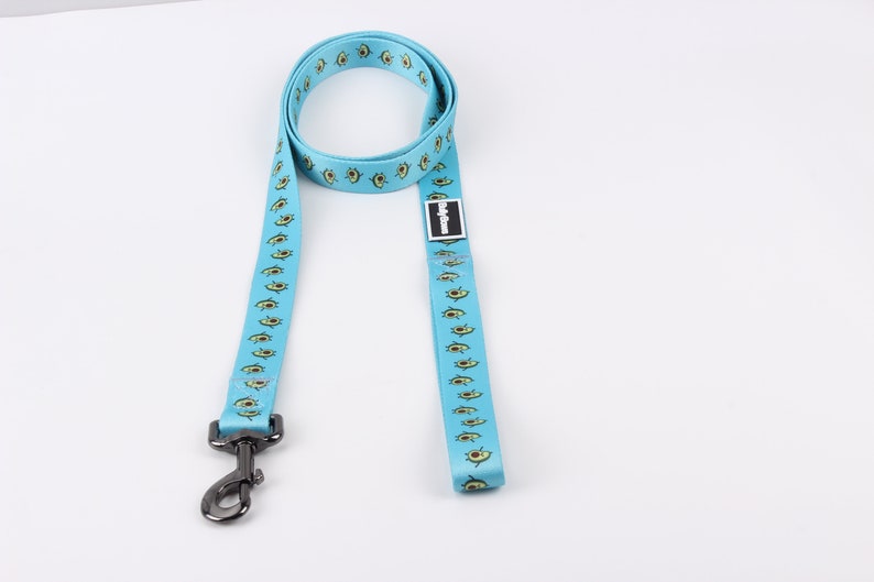 May include: A light blue dog leash with a repeating pattern of avocado illustrations. The leash has a silver clip.