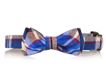 Blue Plaid Dog Bow Tie Collar – Alloy D-Ring, Pet Gift