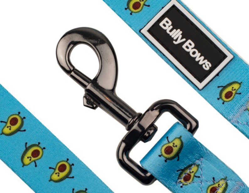 May include: A blue dog leash with a black metal clip and a repeating pattern of cartoon avocados. The leash has a black label that says "Bully Bows".