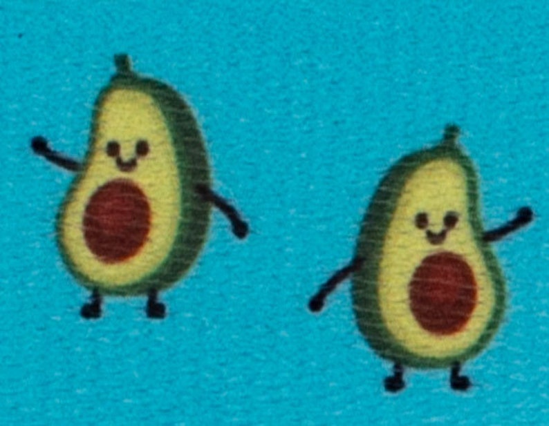 May include: Two cartoon avocados with smiling faces and brown pits on a blue background. The avocados have small arms and legs.