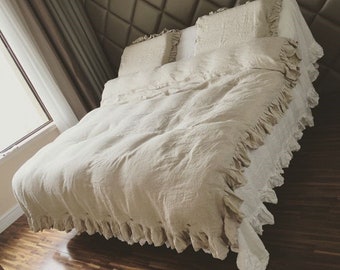 Ruffled Linen Duvet Cover Custom Made Bedding. King,Queen,Twin,Double,Full size bed Lines in Natural