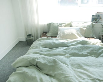 3pcs 100% Linen Bedding Set King,Queen Duvet Cover Set + 2 pillowcases in Green