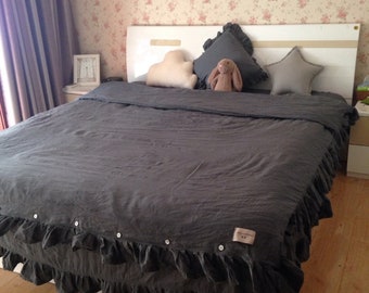 Ruffled Linen Duvet Cover Custom Made Bedding. King,Queen,Twin,Double,Full size bed Lines in Dark Gray