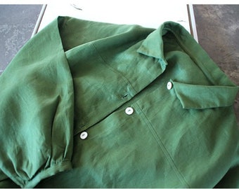 100% Linen Blouse Tops for Women in Green
