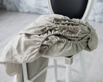 Linen Fitted Bed Sheet. Stone Washed Linen Bedding,King,Queen Sheet in Dark Natural