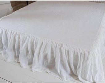 Ruffled Linen Bed Skirt in White Custom Sizes Linen Bedskirt