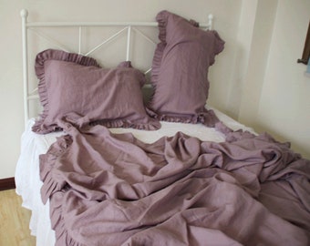 Ruffled Linen Duvet Cover Custom Made Bedding. King,Queen,Twin,Double,Full size bed Lines in Gray Purple