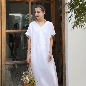 White Women Dress Short Sleeve Dress Linen Dresses