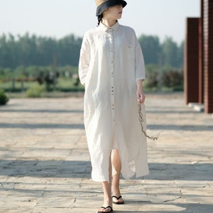 100% Pure Linen Women Dress Long Sleeve Loose Fitting Dresses White Dresses