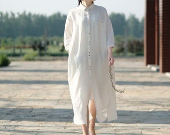 100% Pure Linen Women Dress Long Sleeve Loose Fitting Dresses White Dresses