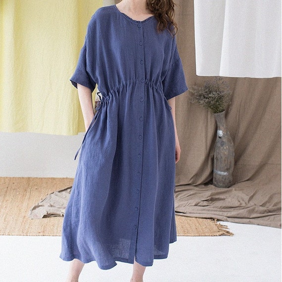 100% Pure Linen Women Dress Short Sleeve Loose Fitting Dresses | Etsy