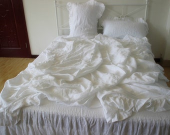 Ruffled Linen Duvet Cover Custom Made Bedding. King,Queen,Twin,Double,Full size bed Lines in Dark White