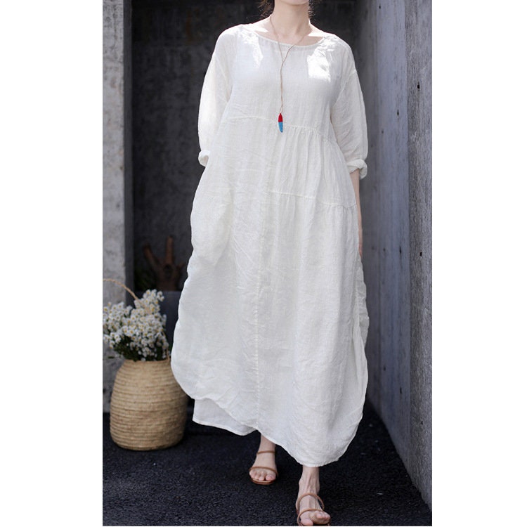 100% Pure Linen Women Dress Long Sleeve Loose Fitting Dresses White ...