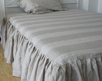 Ruffled Linen Bed Skirt Natural Stripe Custom Sizes Linen Bedskirt