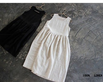 100% Pure Linen Women Dress Sleeveless in Two Colors