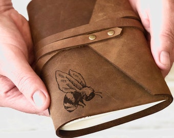 Personalized Leather Garden Journal: Refillable Bee Notebook
