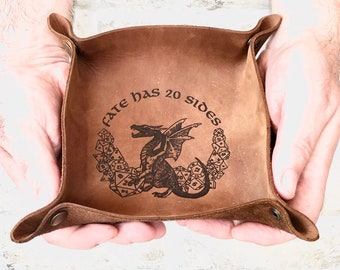 Leather DnD Dice Tray: Foldable RPG Rolling Tray with Dragon
