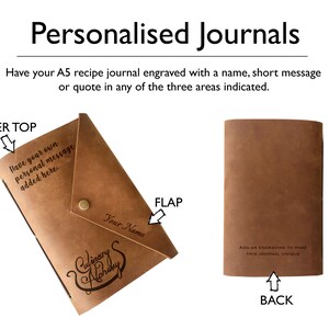 Puede incluir: Un cuaderno de recetas de cuero marr&oacute;n A5 con una solapa. El cuaderno tiene tres &aacute;reas donde puedes agregar un grabado personalizado: la parte superior de la cubierta, la solapa y la parte posterior. El texto "Culinary Alchemy" est&aacute; grabado en la solapa. El texto "Have your own personal message added here." est&aacute; grabado en la parte superior de la cubierta. El texto "Add an engraving to make this journal unique" est&aacute; grabado en la parte posterior.