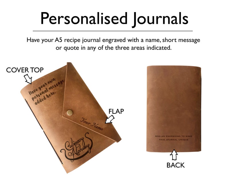 Puede incluir: Un cuaderno de recetas de cuero marr&oacute;n A5 con una solapa. El cuaderno tiene tres &aacute;reas donde puedes agregar un grabado personalizado: la parte superior de la cubierta, la solapa y la parte posterior. El texto "Culinary Alchemy" est&aacute; grabado en la solapa. El texto "Have your own personal message added here." est&aacute; grabado en la parte superior de la cubierta. El texto "Add an engraving to make this journal unique" est&aacute; grabado en la parte posterior.