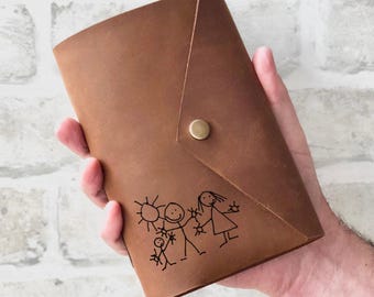 Children's Artwork on a Personalised Leather Notebook, Handmade Journal Engraved with Custom Kids Drawing