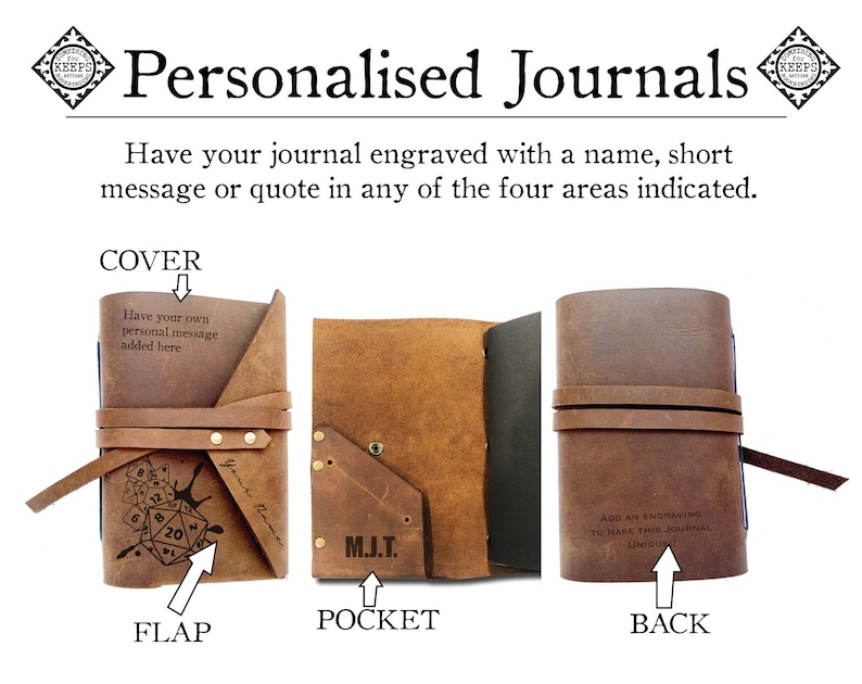May include: A brown leather journal with four areas for personalization. The cover has a design of dice and ink splatters. The flap has the text "Your Name". The pocket has the text "M.J.T.". The back has the text "Add an engraving to make this journal unique".