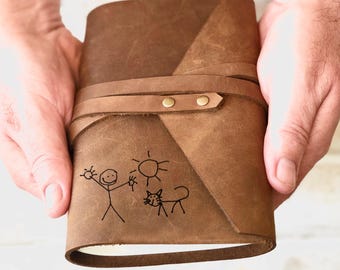 Journal Personalised with your Children's Artwork, Handmade Custom Leather Notebook, Kids Drawing Keepsake Gift