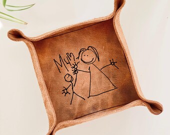 Personalised Kids Drawing Jewellery Tray for Mum, Leather Handmade Trinket Dish for Mothers Day