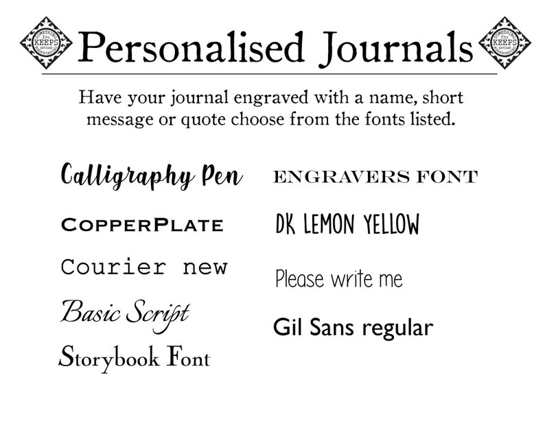 Puede incluir: Una lista de fuentes para diarios personalizados. Las fuentes incluyen Calligraphy Pen, Engravers Font, DK Lemon Yellow, Copperplate, Courier New, Basic Script, Storybook Font y Gil Sans Regular.