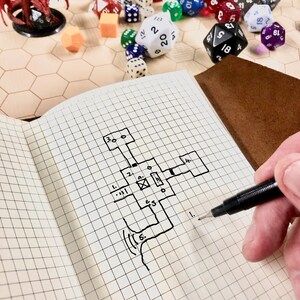 May include: A notebook with a grid pattern on the pages. A hand is holding a black pen and writing on the page. The page has a hand-drawn map with numbers and symbols. There are dice and a red dragon figurine on a table in the background.