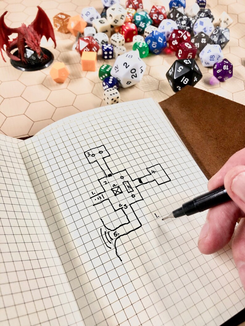 May include: A notebook with a grid pattern on the pages. A hand is holding a black pen and writing on the page. The page has a hand-drawn map with numbers and symbols. There are dice and a red dragon figurine on a table in the background.