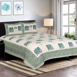 Jaipuri Duvet Cover With 2 Pillow Cover Set Vintage Elephant Cotton  Bed cover Linen for Double Bed (Green, 90x108 Inch)