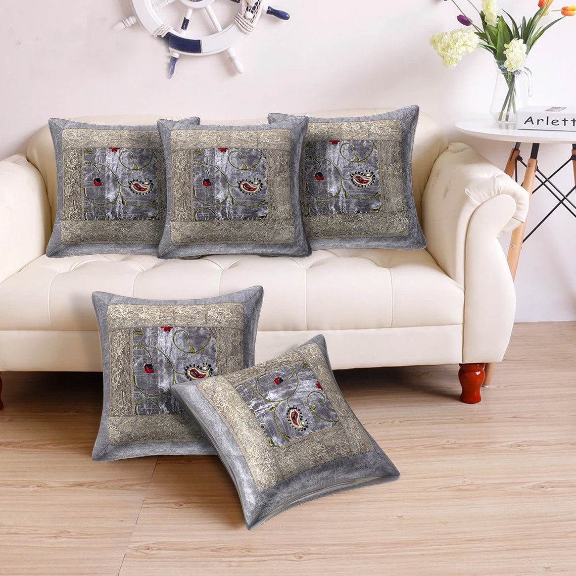 Silk Cushion Cover Floral Printed Grey Color Decorative Etsy