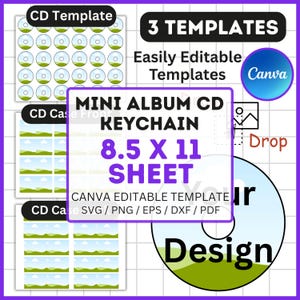 Könnte beinhalten: Digitales Design-Template für einen Mini-Album-CD-Schlüsselanhänger. Das Design enthält den Text "3 TEMPLATES", "Easily Editable Templates" und "8.5 X 11 SHEET". Das Design ist Canva-editierbar und enthält SVG-, PNG-, EPS-, DXF- und PDF-Formate.