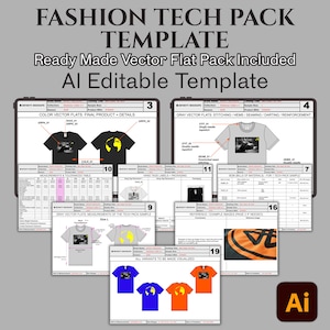 May include: A graphic design template for fashion tech packs. The image shows various pages with detailed illustrations of t-shirts, including color flats, measurements, and stitching details. The text includes "Ready Made Vector Flat Pack Included" and "AI Editable Template."