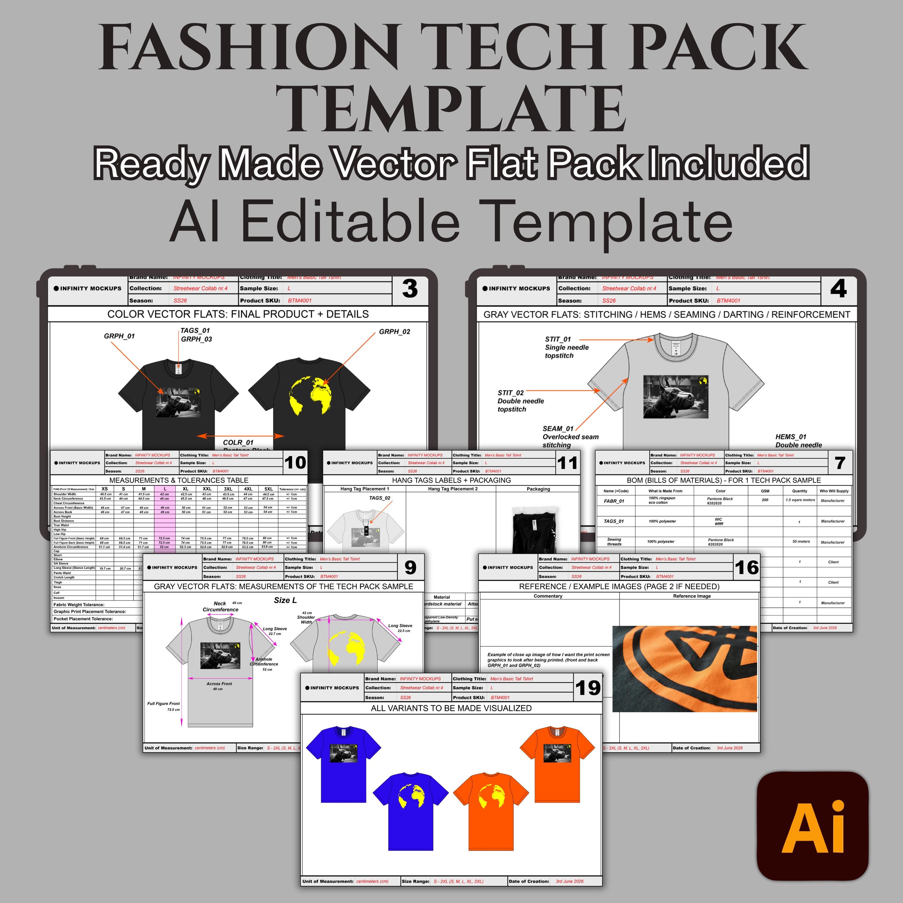 Editable Fashion Tech Pack Template Bundle Illustrator Vector Clothing ...