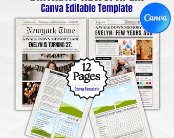 Editable Birthday Newspaper Canva Template, Party Itinerary Program & Custom Booklet